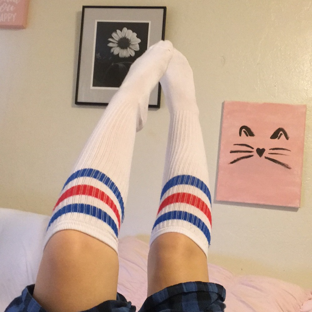 Blue and red striped knee high socks